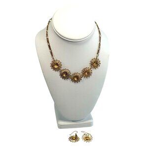 Vintage Gold Tone Sunburst SunFlower Necklace & Earring Set Filigree Statement